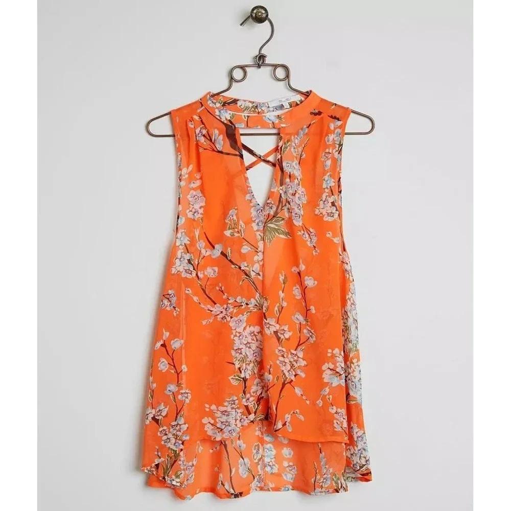 Miss Me Orange Floral Choker Neck Open Back Crisscross Blouse MDT1017T L - Picture 3 of 14